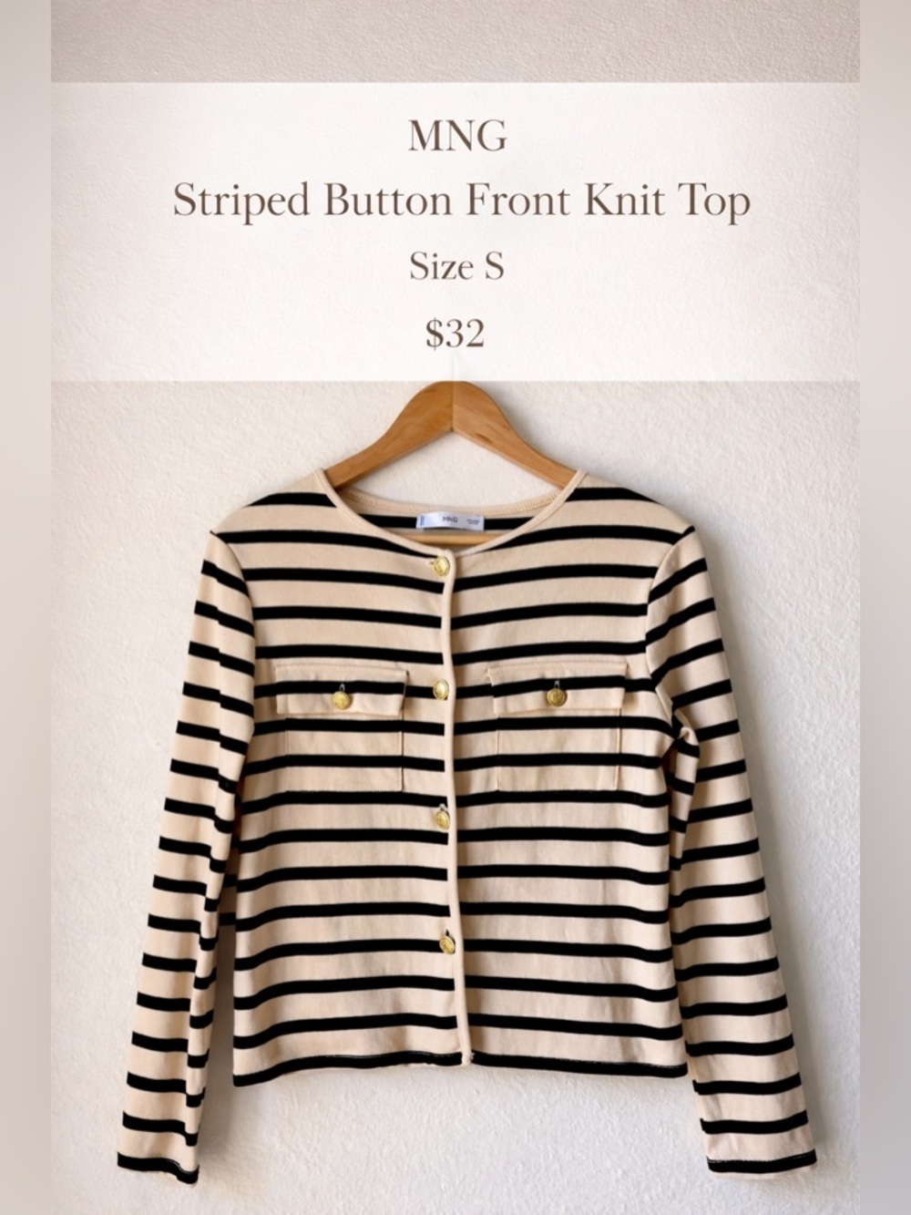 MNG Striped Button Front Knit Top Beige Black Size S